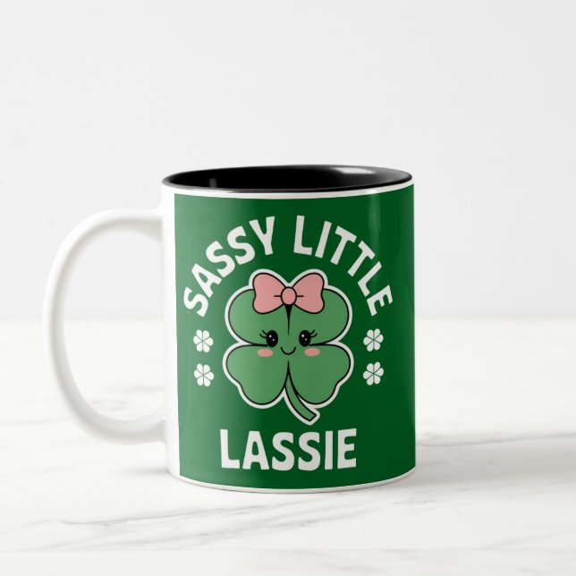 St Patricks Day Sassy Little Lassie Kids Girl Two-Tone Coffee Mug (Left)