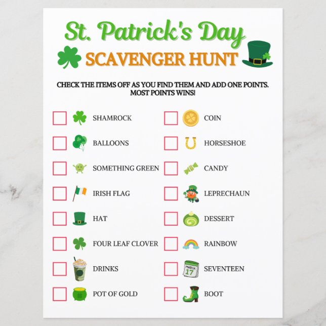St. Patrick's Day Scavenger Hunt Game (Front)
