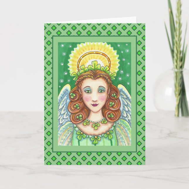 ST. PATRICK'S DAY SHAMROCK ANGEL, IRISH BLESSINGS HOLIDAY CARD (Front)