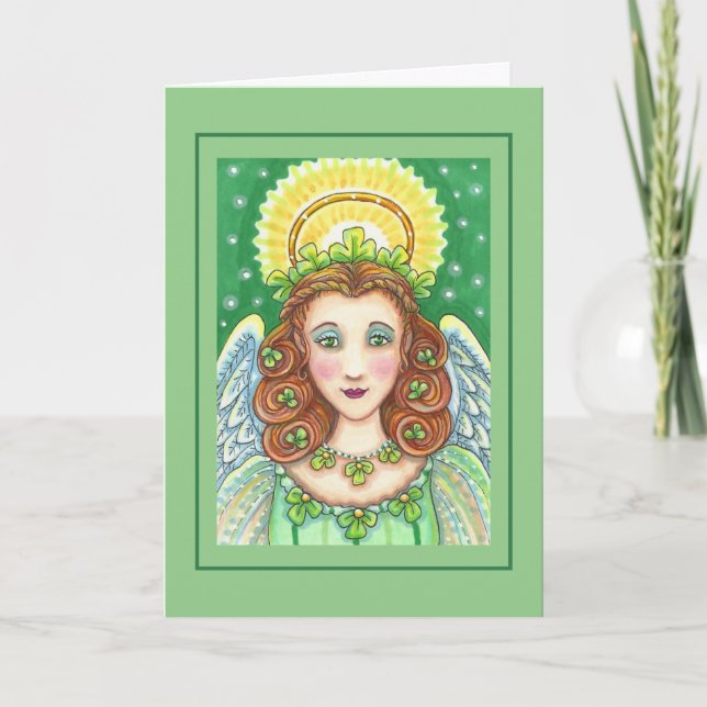 ST. PATRICK'S DAY SHAMROCK ANGEL, IRISH BLESSINGS HOLIDAY CARD (Front)