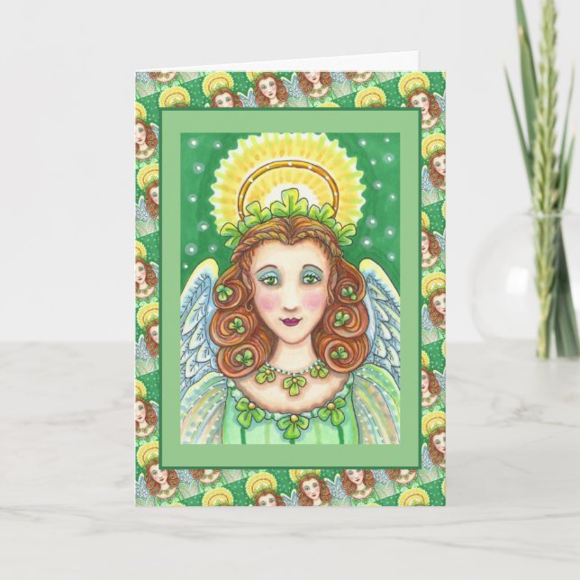 ST. PATRICK'S DAY SHAMROCK ANGEL, IRISH BLESSINGS HOLIDAY CARD (Front)