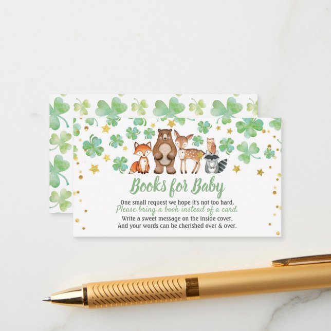 St Patrick's Day Shamrock Baby Shower Book Request Enclosure Card (Front/Back In Situ)