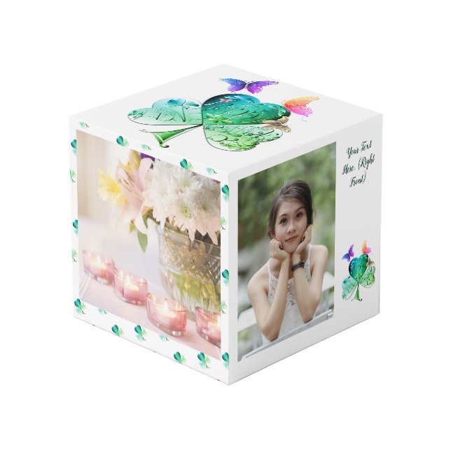 St. Patrick's Day Shamrock Butterfly Photo Cube (Front Angled)