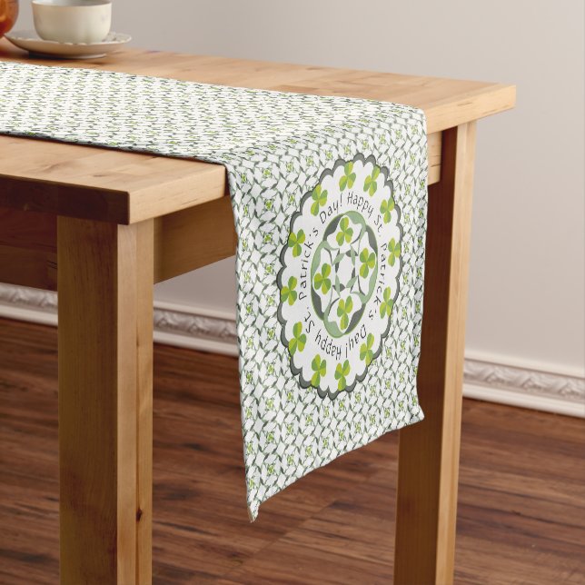 St. Patrick's Day Shamrock Celtic Inspired Pattern Short Table Runner (In Situ)