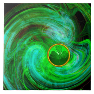 ST PATRICKS DAY SHAMROCK IN BLUE GREEN FRACTALS CERAMIC TILE