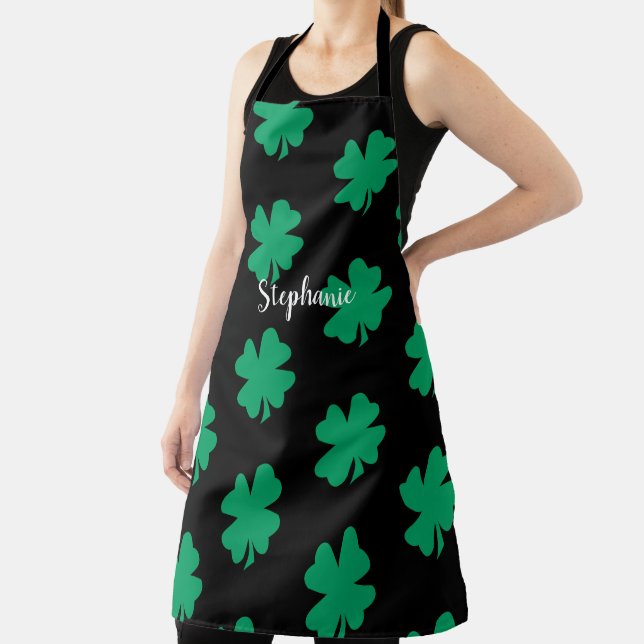 St Patrick's Day Shamrock Leaf Green Black 2024 Apron (Insitu)
