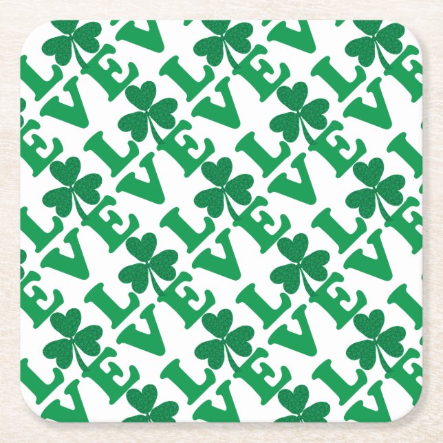 St. Patrick's Day Shamrock Love Square Paper Coaster (Front)