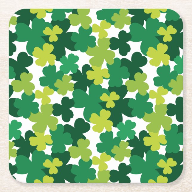 St. Patrick's Day Shamrock Pattern Square Paper Coaster (Front)