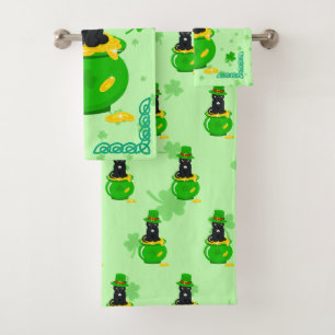 St. Patrick's Day Shamrock Pot of Gold Black Cat Bath Towel Set
