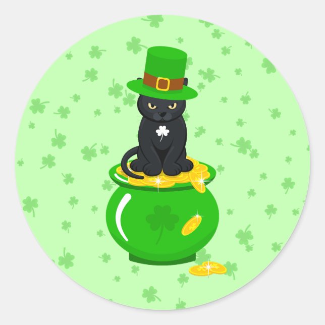 St. Patrick's Day Shamrock Pot of Gold Black Cat Classic Round Sticker (Front)