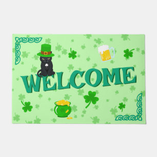 St. Patrick's Day Shamrock Pot of Gold Black Cat Doormat