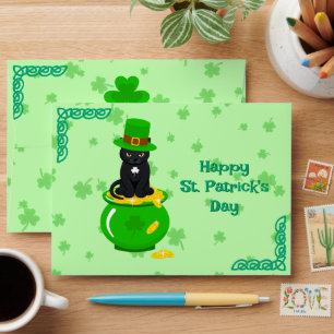 St. Patrick's Day Shamrock Pot of Gold Black Cat Envelope