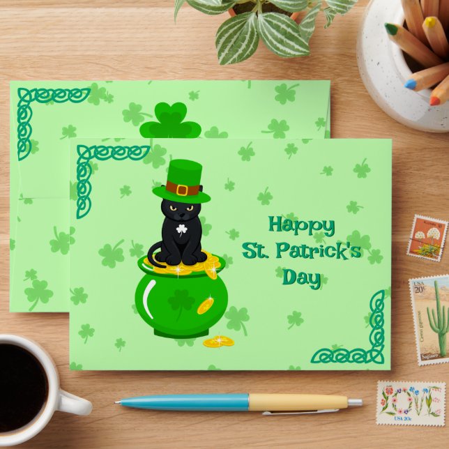 St. Patrick's Day Shamrock Pot of Gold Black Cat Envelope (Desk)
