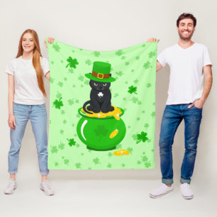 St. Patrick's Day Shamrock Pot of Gold Black Cat Fleece Blanket