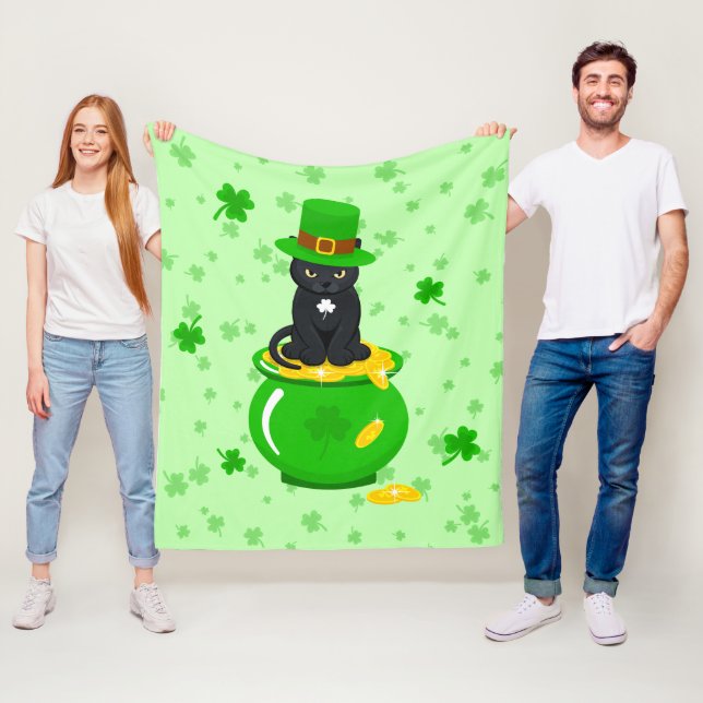 St. Patrick's Day Shamrock Pot of Gold Black Cat Fleece Blanket (In Situ)