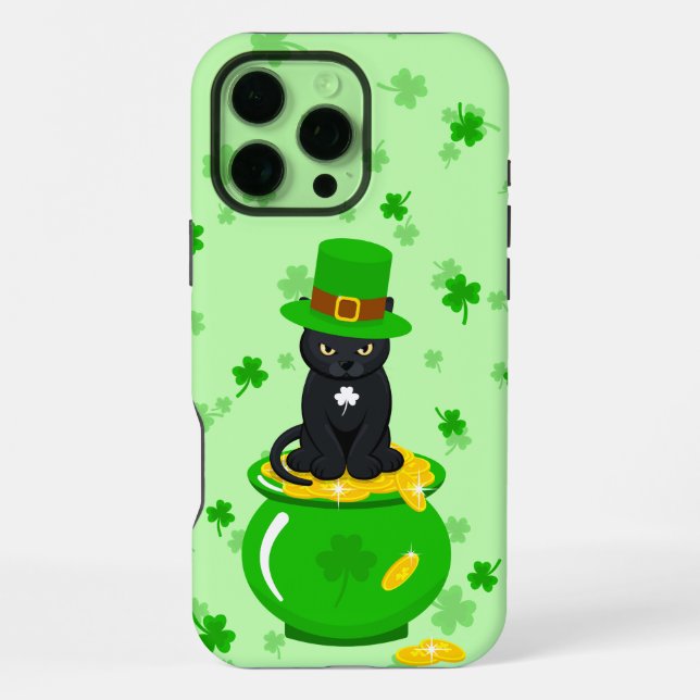 St. Patrick's Day Shamrock Pot of Gold Black Cat iPhone Case (Back)