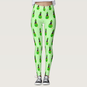 St. Patrick's Day Shamrock Pot of Gold Black Cat Leggings