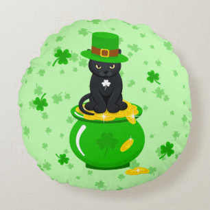 St. Patrick's Day Shamrock Pot of Gold Black Cat Round Cushion