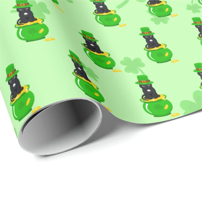 St. Patrick's Day Shamrock Pot of Gold Black Cat Wrapping Paper (Roll Corner)