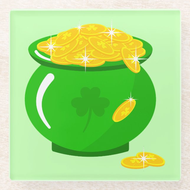 St. Patrick's Day Shamrock Pot of Gold Celtic Knot Glass Coaster (Front)