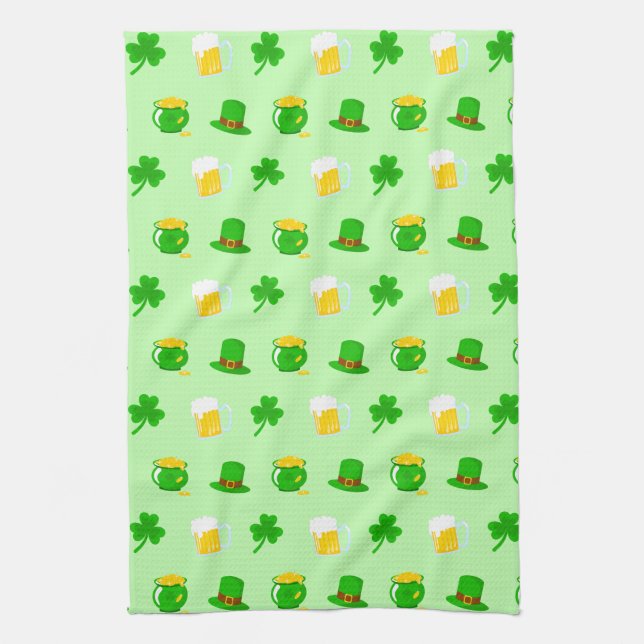 St. Patrick's Day Shamrock Pot of Gold Celtic Knot Tea Towel (Vertical)