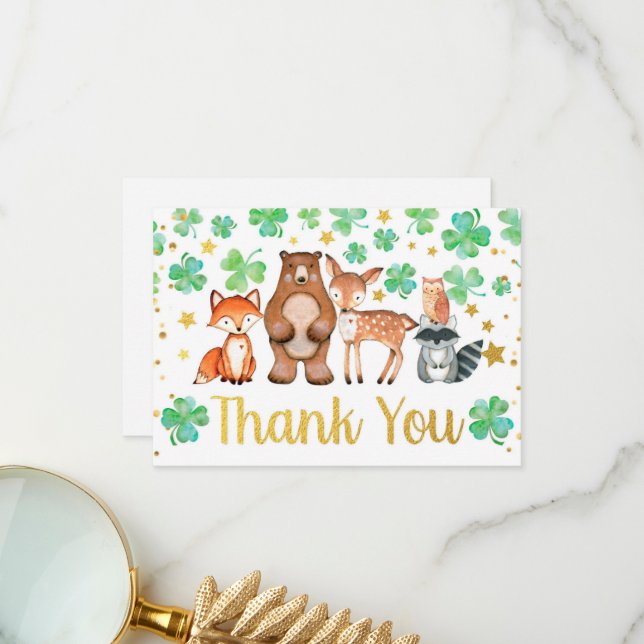 St Patrick's Day Shamrock Woodland Baby Shower Thank You Card (Front/Back In Situ)