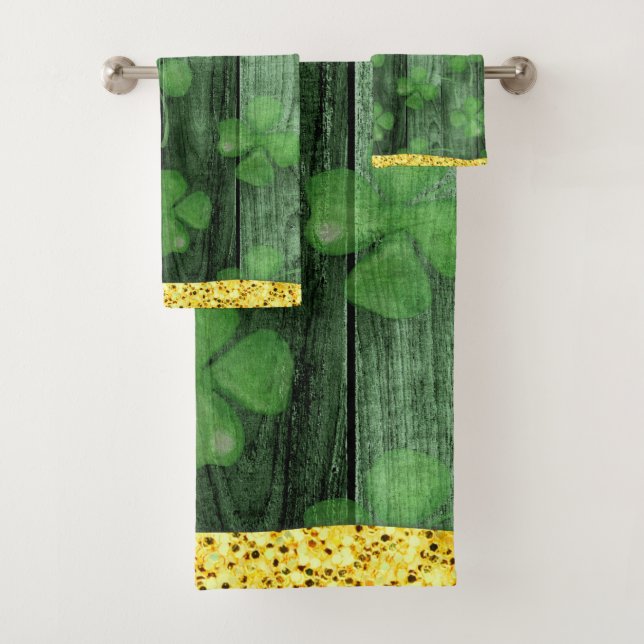 St. Patrick's Day Shamrocks Glitter Gold Drips Bath Towel Set (Insitu)