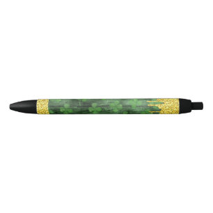 St. Patrick's Day Shamrocks Glitter Gold Drips Black Ink Pen