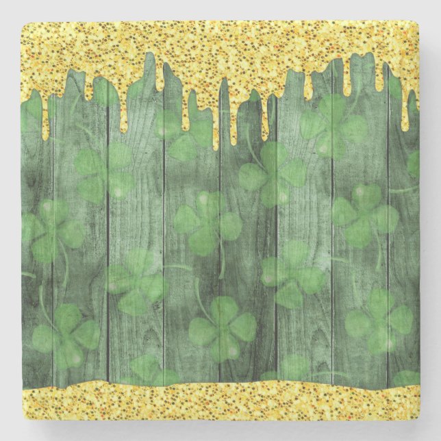 St. Patrick's Day Shamrocks Glitter Gold Drips Stone Coaster (Front)