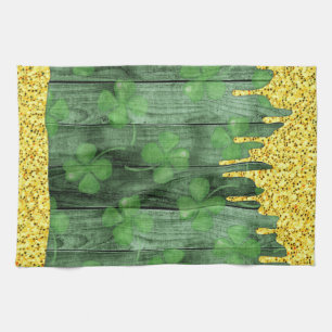St. Patrick's Day Shamrocks Glitter Gold Drips  Tea Towel