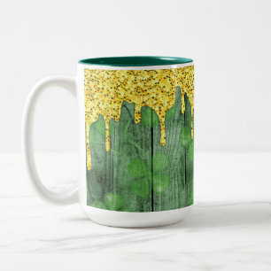St. Patrick's Day Shamrocks Glitter Gold Drips  Two-Tone Coffee Mug