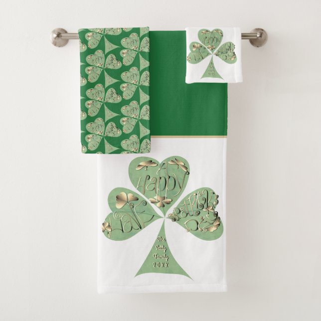 St. Patrick's Day Shamrocks White & Green Bath Towel Set (Insitu)