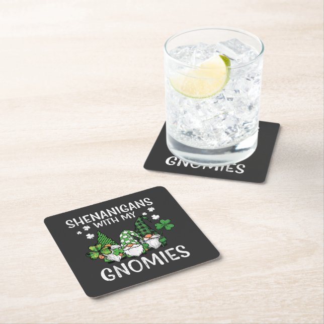 St Patricks Day Shenanigans with Gnomies Gnome Square Paper Coaster (Insitu)