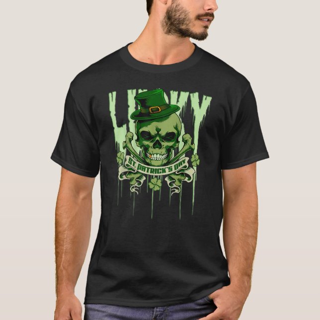St Patrick's Day Skull Irish 4-Leaf Clover Shamroc T-Shirt (Front)