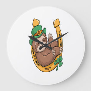 St Patrick's Day Sloth Horseshoe Lucky Large Clock