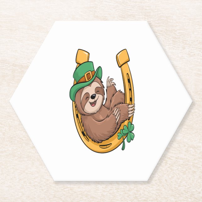 St Patrick's Day Sloth Horseshoe Lucky Paper Coaster (Front)