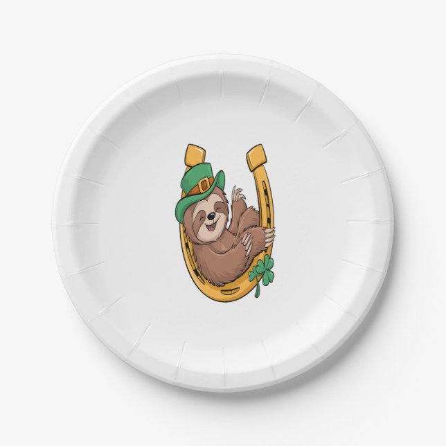 St Patrick's Day Sloth Horseshoe Lucky Paper Plate (Front)