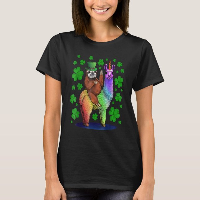 St Patricks Day Sloth Riding Llama Leprechaun Hat  T-Shirt (Front)