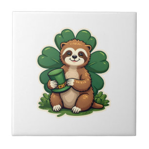 St Patricks Day Sloth Vintage Lucky Clover Art 2 Ceramic Tile