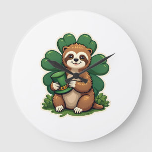 St Patricks Day Sloth Vintage Lucky Clover Art 2 Large Clock
