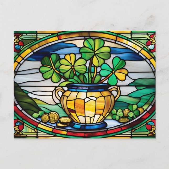 St. Patrick's Day Stained Glass Pot with Clover  Holiday Postcard (Front)