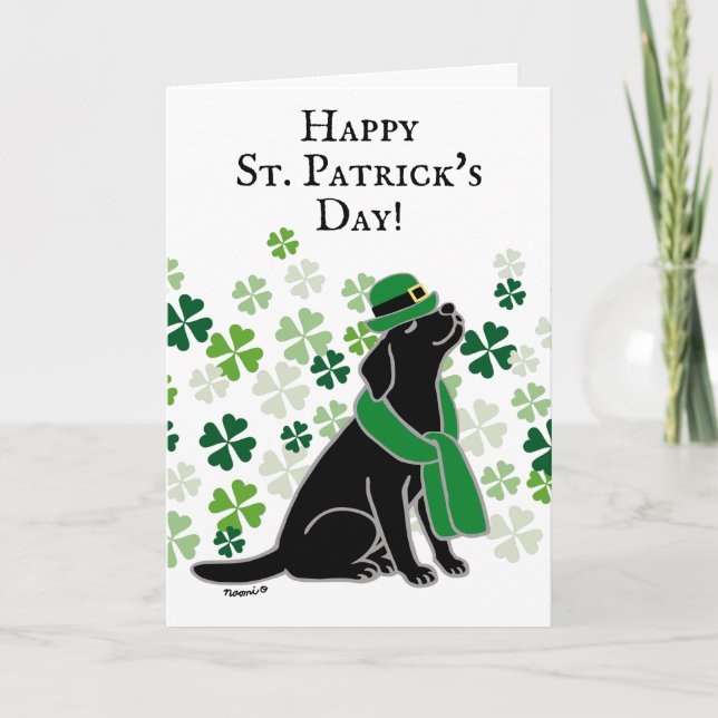 St. Patrick's Day Stylish Black Labrador Clovers Card (Front)