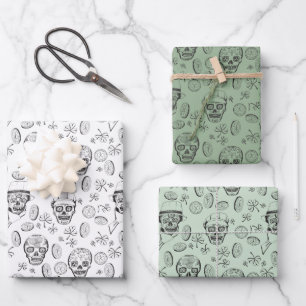St Patricks Day Sugar Skull and Shamrock Green Wrapping Paper Sheet
