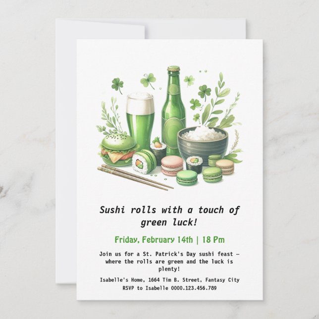 St. Patrick's Day Sushi – Rollin' in the Green! Invitation (Front)