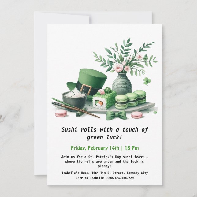 St. Patrick's Day Sushi – Rollin' in the Green! Invitation (Front)