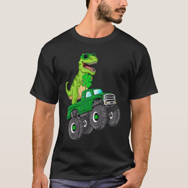 St Patricks Day T Rex Riding Monster Truck Dino To T-Shirt (Front)