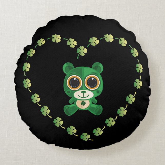 St. Patrick's Day Teddy Bear Round Cushion (Front)