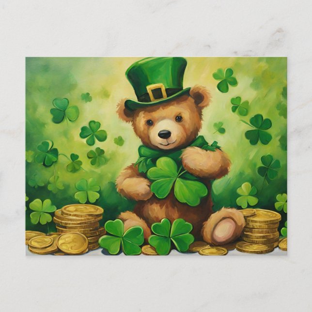 St. Patrick's Day Teddy Bear with Shamrock, Coins  Holiday Postcard (Front)