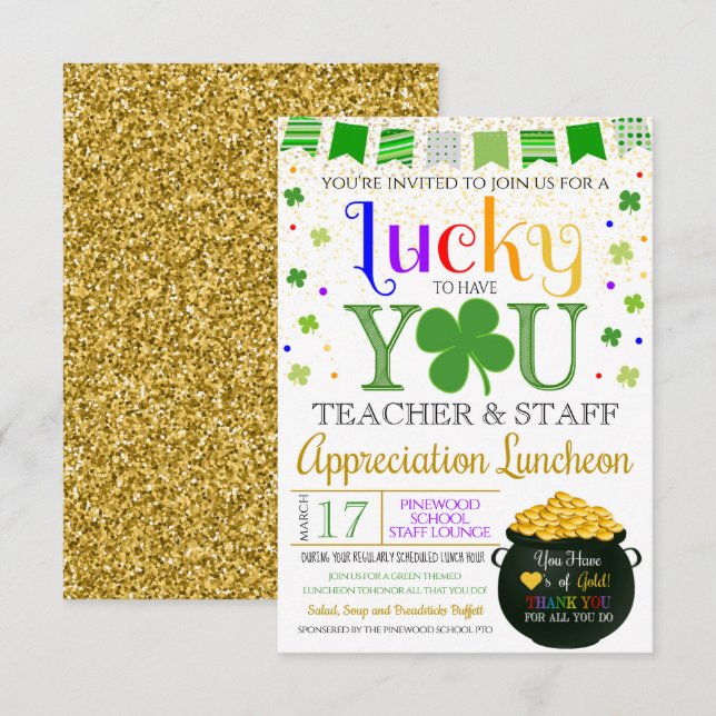 St. Patricks Day Themed Teacher Appreciation  Invitation (Front/Back)