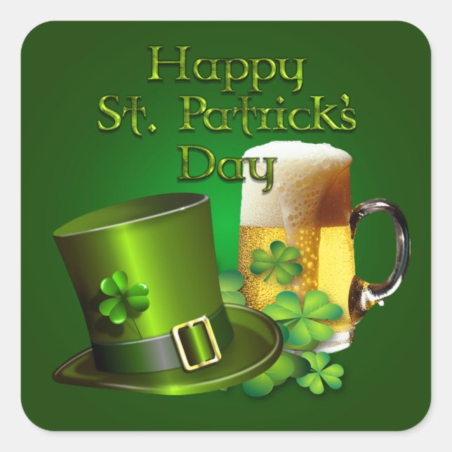 St. Patrick's Day - Top Hat, Beer and Shamrocks Square Sticker (Front)